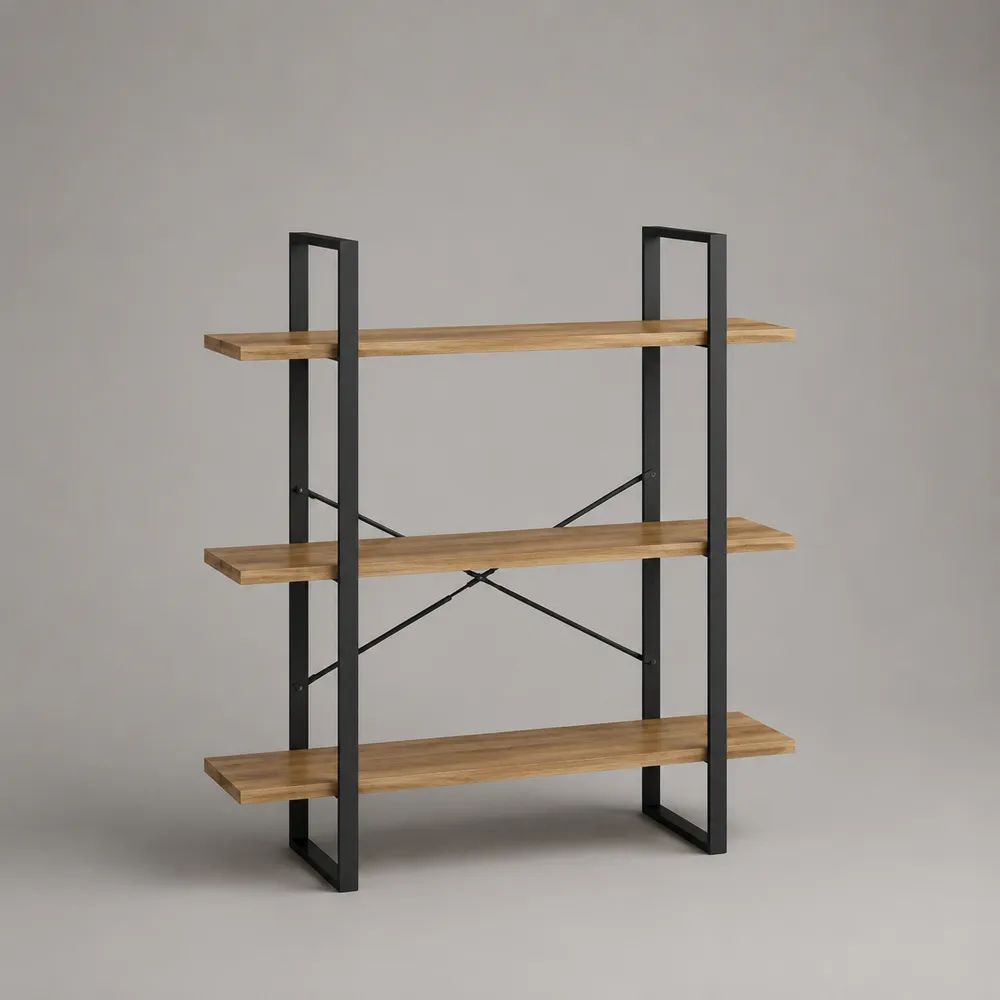 Bibliothèque étagère à 3 niveaux en panneaux mélaminés et acier, chêne naturel et noir, 120 × 35 × 150 cm