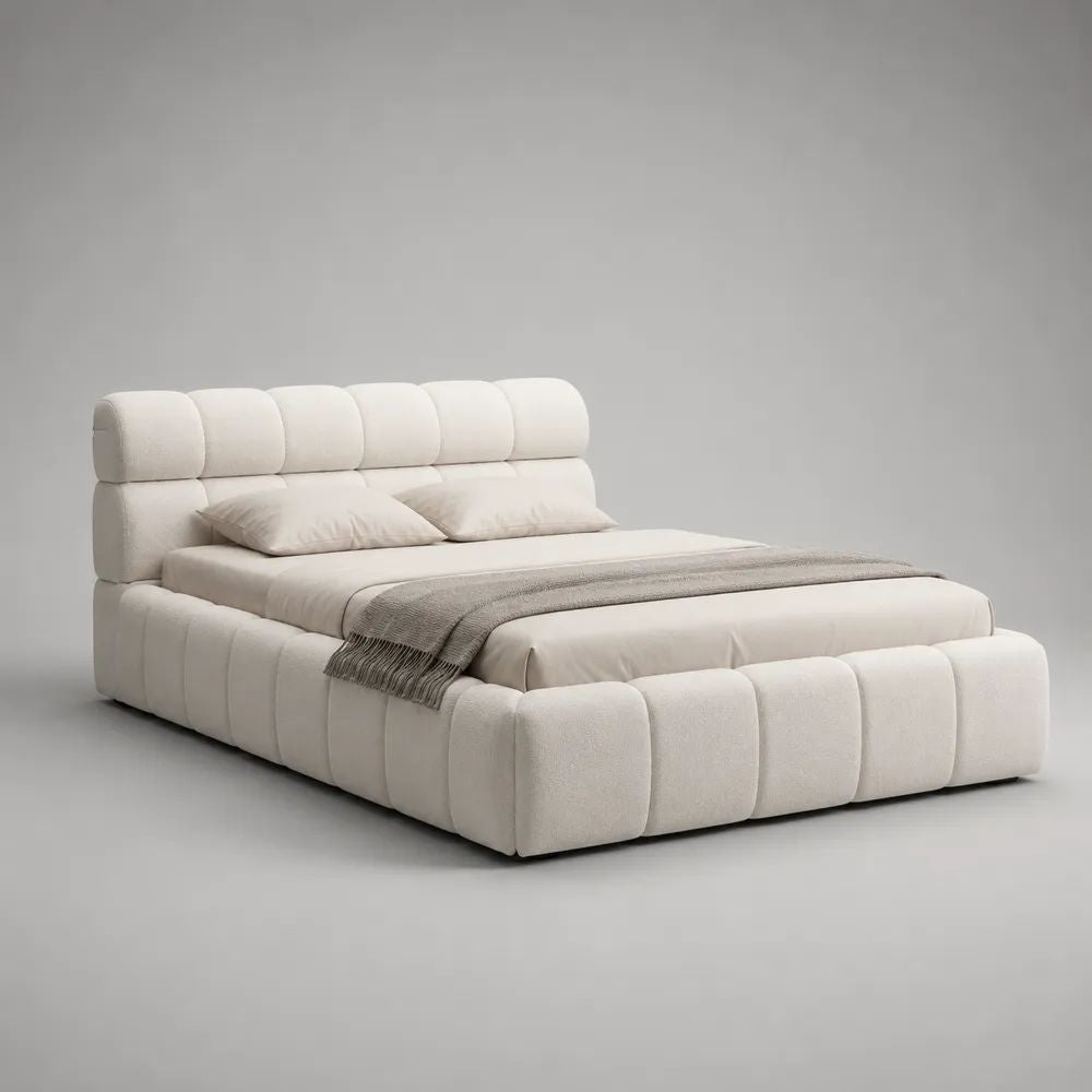 Lit coffre double rembourré en tissu bouclé polyester blanc cassé, couchage 160 x 200 cm, dimensions 230 x 205 x 115 cm
