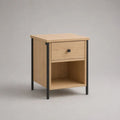 Table de chevet rectangulaire en bois et métal, avec tiroir et niche, chêne clair et noir, 40 × 35 × 55 cm