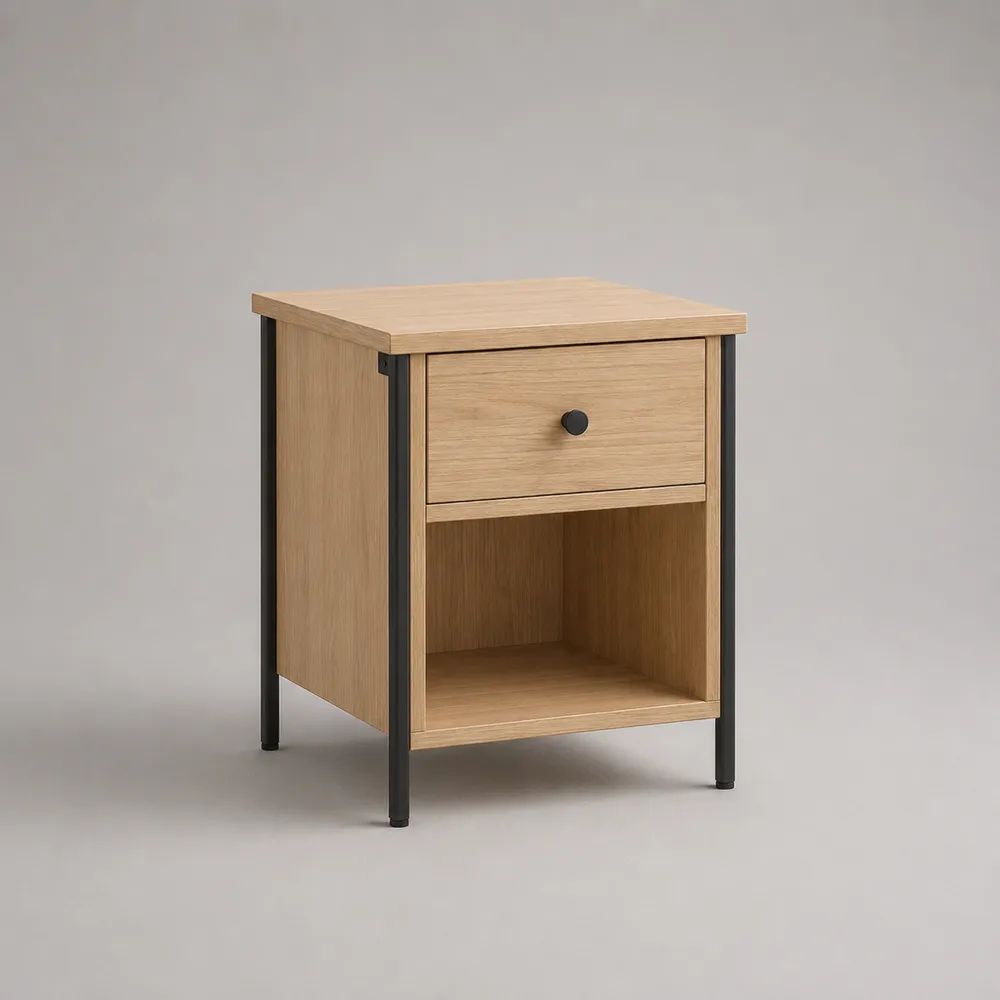 Table de chevet rectangulaire en bois et métal, avec tiroir et niche, chêne clair et noir, 40 × 35 × 55 cm