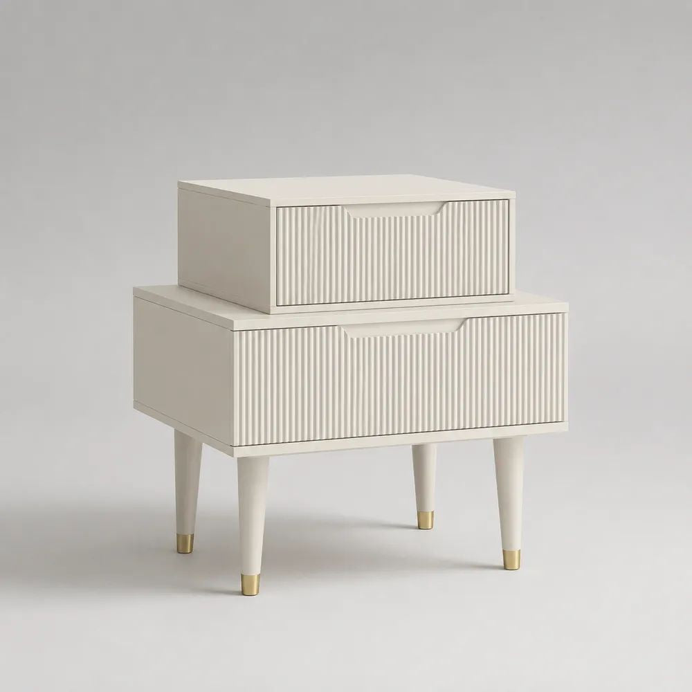 Table de chevet rectangulaire à 2 tiroirs en MDF peint et pin massif, blanc et doré, 60 × 40 × 70 cm