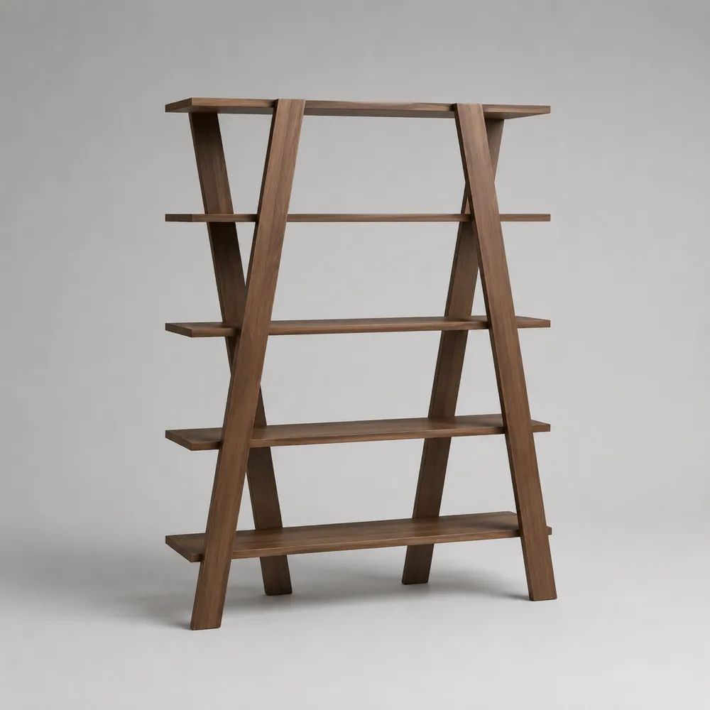Bibliothèque échelle ouverte à 5 étagères en noyer massif brun, structure trapézoïdale, 120 × 35 × 165 cm