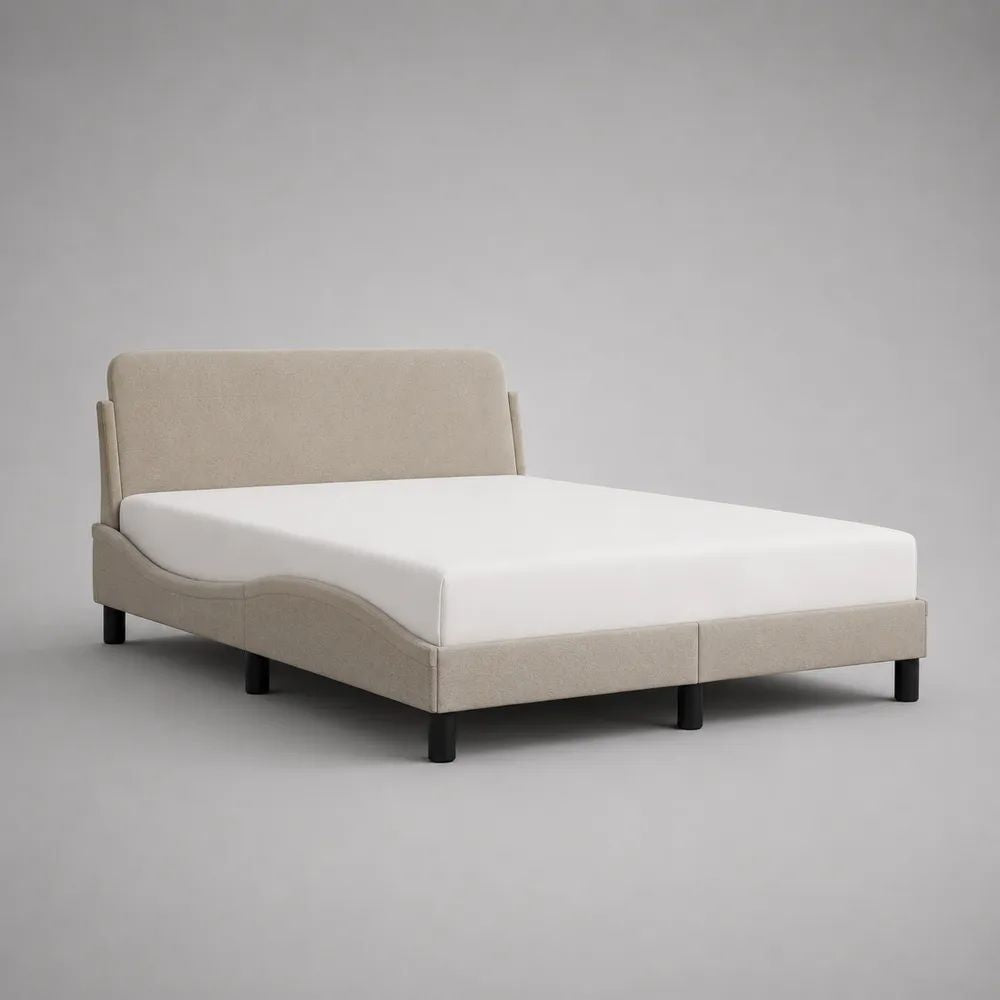 Lit double rembourré en polyester bouclé beige avec sommier à lattes, couchage 160 x 200 cm, dimensions 180 x 220 x 100 cm