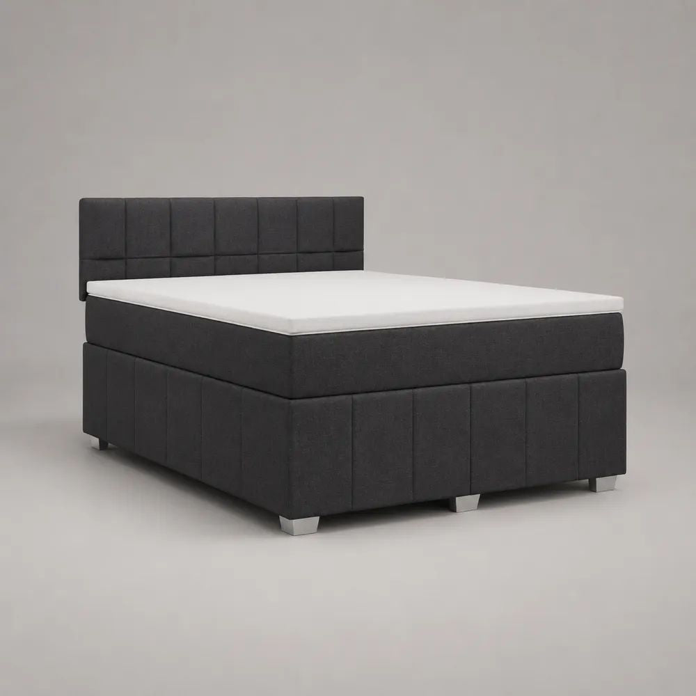 Lit boxspring 2 places en tissu anthracite avec tête de lit, matelas et surmatelas 160 x 200 cm