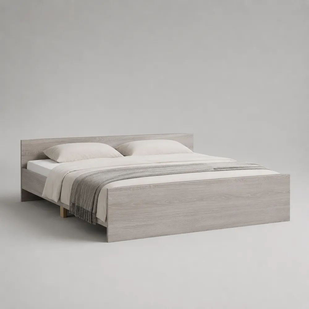 Cadre de lit double 160 × 200 cm en bois gris chêne clair avec tête de lit et sommier à lattes