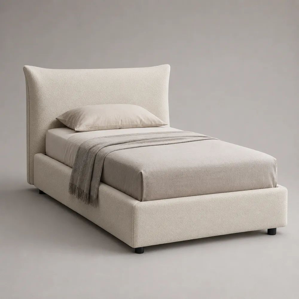 Lit coffre 1 place rectangulaire rembourré en tissu bouclé écru, couchage 90 × 200 cm