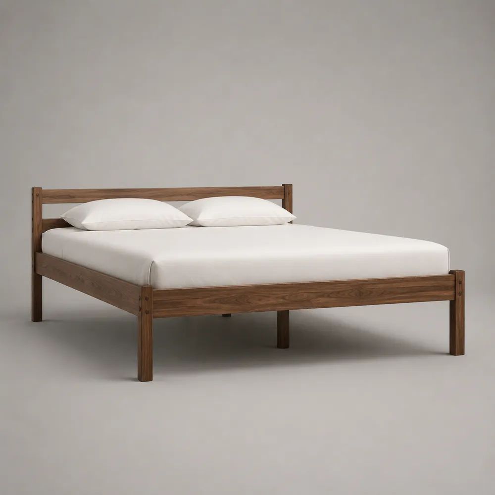 Lit double 160 x 200 cm en pin massif brun noyer avec sommier à lattes et tête de lit
