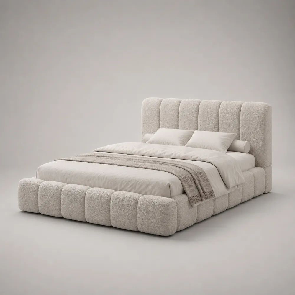 Lit coffre 2 places 160 x 200 cm en tissu bouclé écru avec sommier relevable et tête de lit rembourrée, 230 x 188 x 125 cm