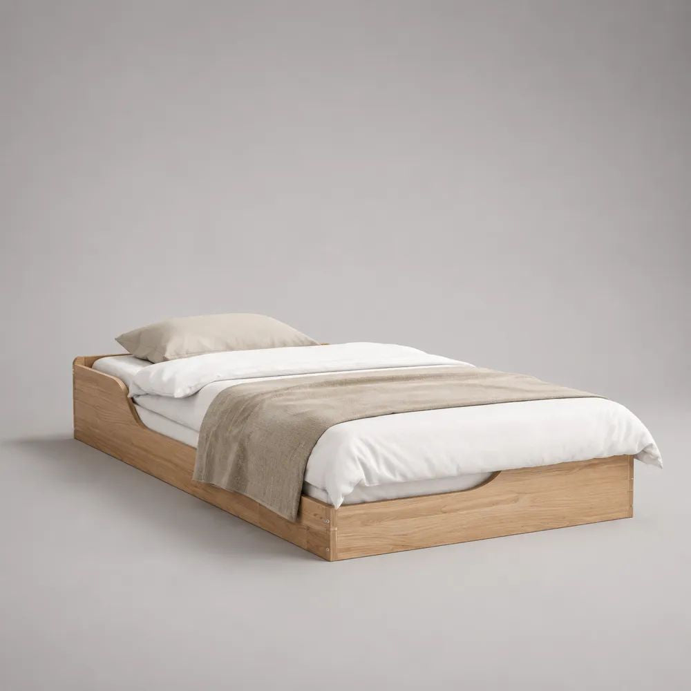Cadre de lit double en bois, chêne naturel, couchage 140 × 190 cm, dimensions 146 × 198 × 50 cm