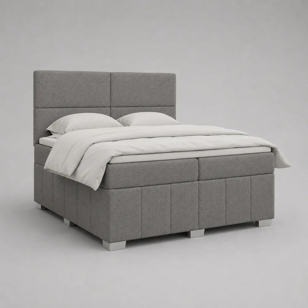 Lit double à sommier tapissier 180 x 200 cm avec matelas et tête de lit en tissu gris