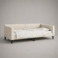 Lit-banquette 1 place rembourré en polyester crème avec dossier matelassé, couchage 90 × 200 cm, dimensions 211 × 100 × 86 cm