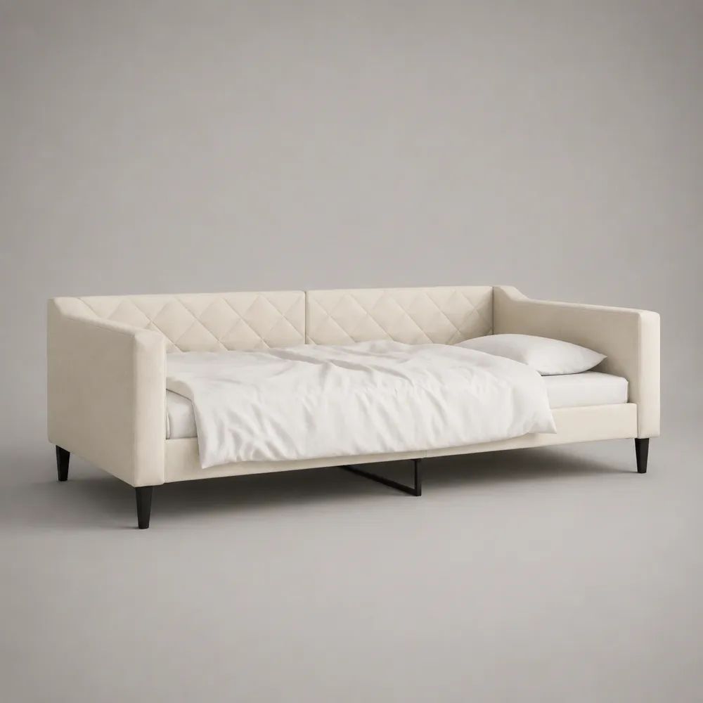 Lit-banquette 1 place rembourré en polyester crème avec dossier matelassé, couchage 90 × 200 cm, dimensions 211 × 100 × 86 cm