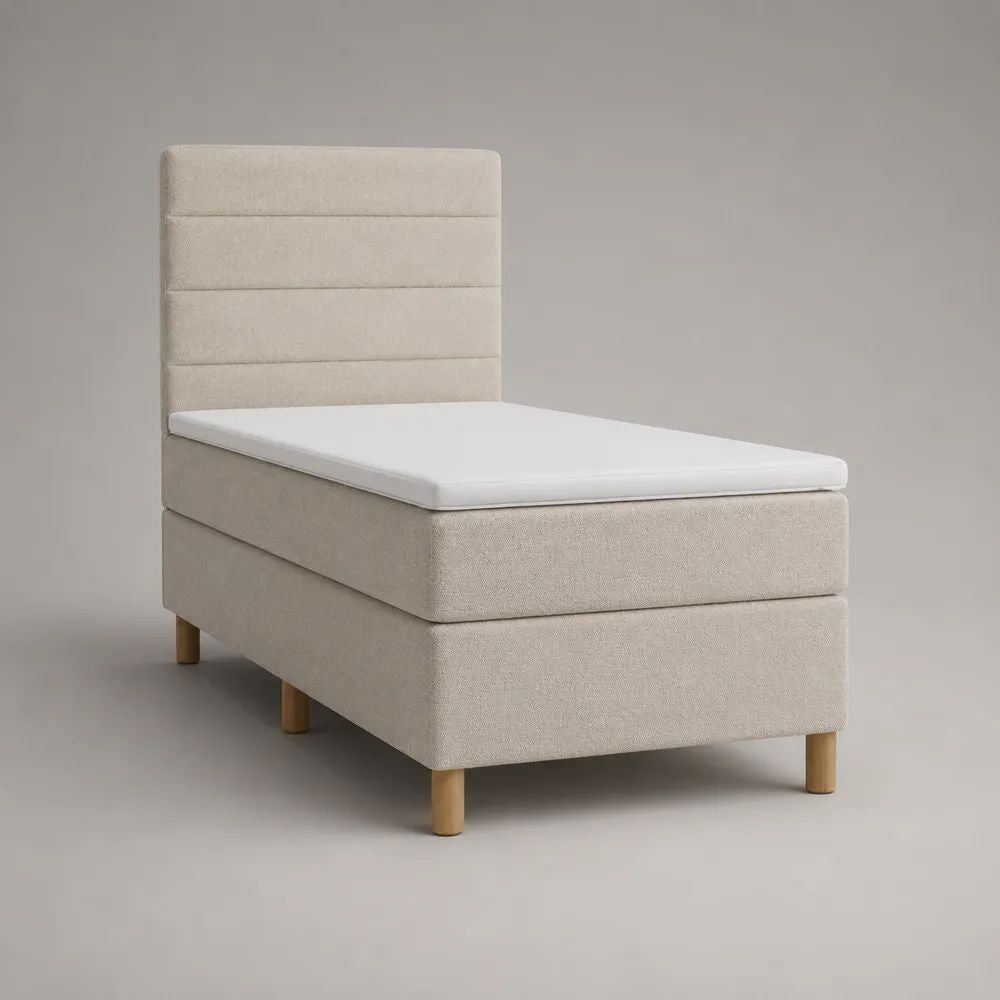 Ensemble lit boxspring 1 place 90 × 200 cm avec matelas, surmatelas et tête de lit en tissu bouclé beige crème