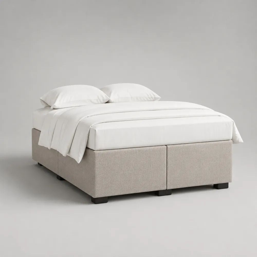 Cadre de lit double 160 x 200 cm avec sommier tapissier en 2 modules, tissu beige et pieds noirs