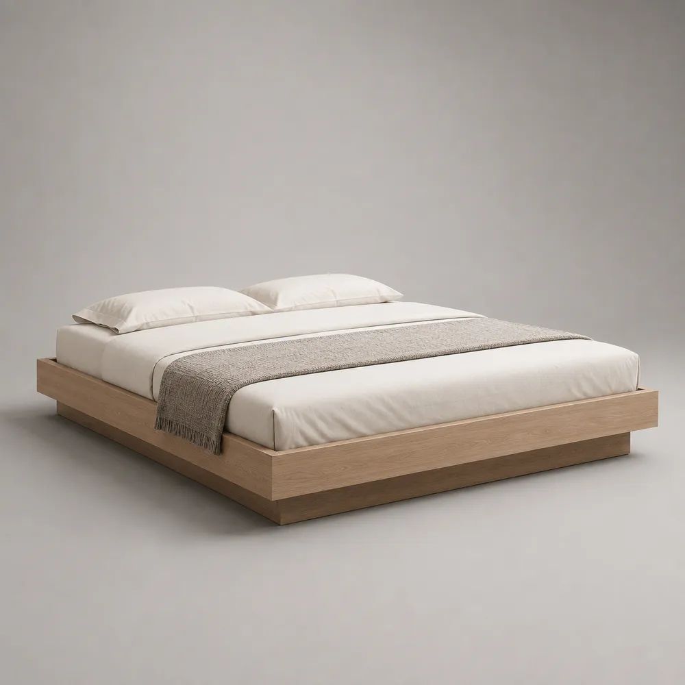 Lit plateforme 2 places 160 × 200 cm en panneaux plaqués chêne naturel, sans tête de lit