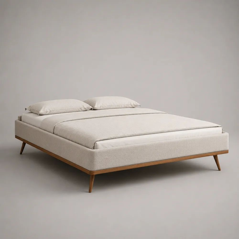 Cadre de lit double 160 x 200 cm avec sommier à lattes, revêtement en tissu écru et pieds en bois marron