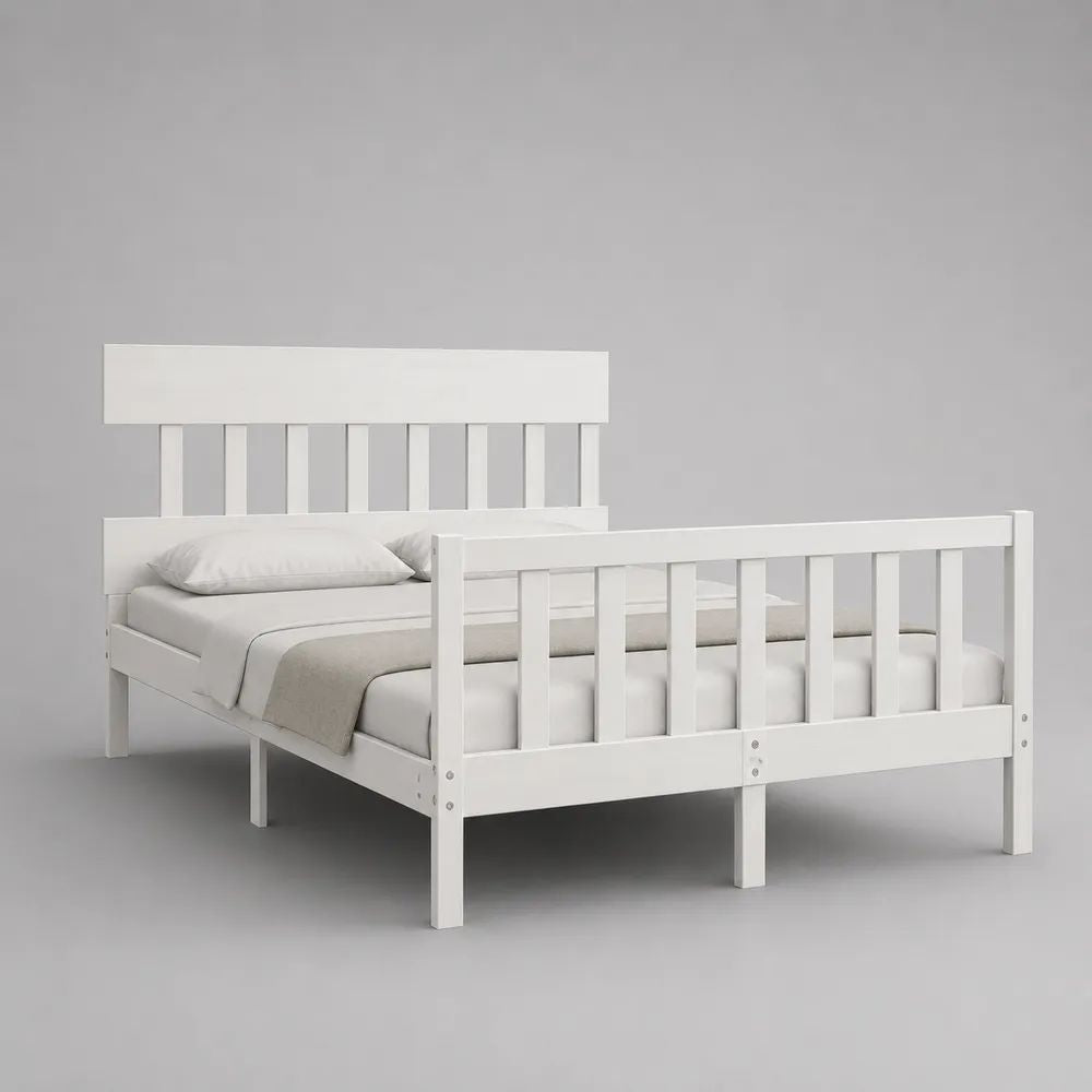 Lit double 140 × 190 cm en pin massif blanc avec sommier à lattes, 199 × 149 × 105 cm