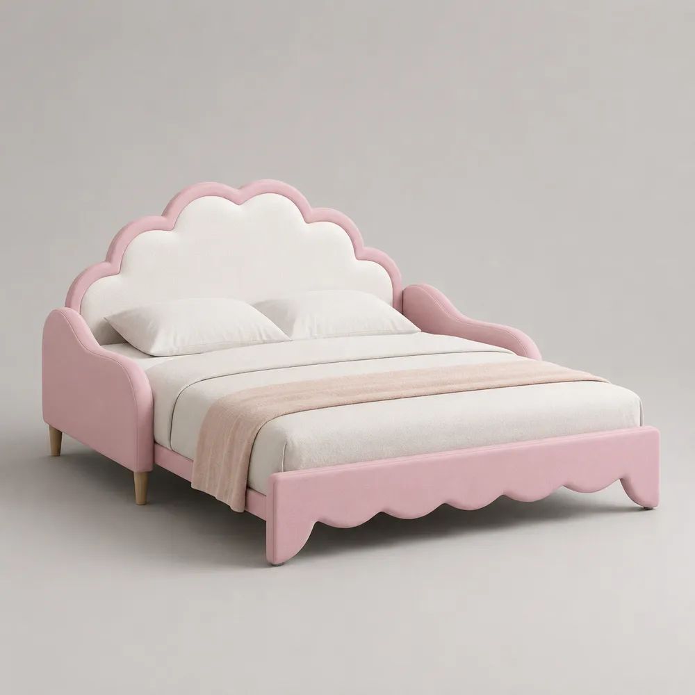 Lit enfant 2 places 140 × 190 cm en tissu rose et blanc avec sommier à lattes et tête de lit en forme de fleur