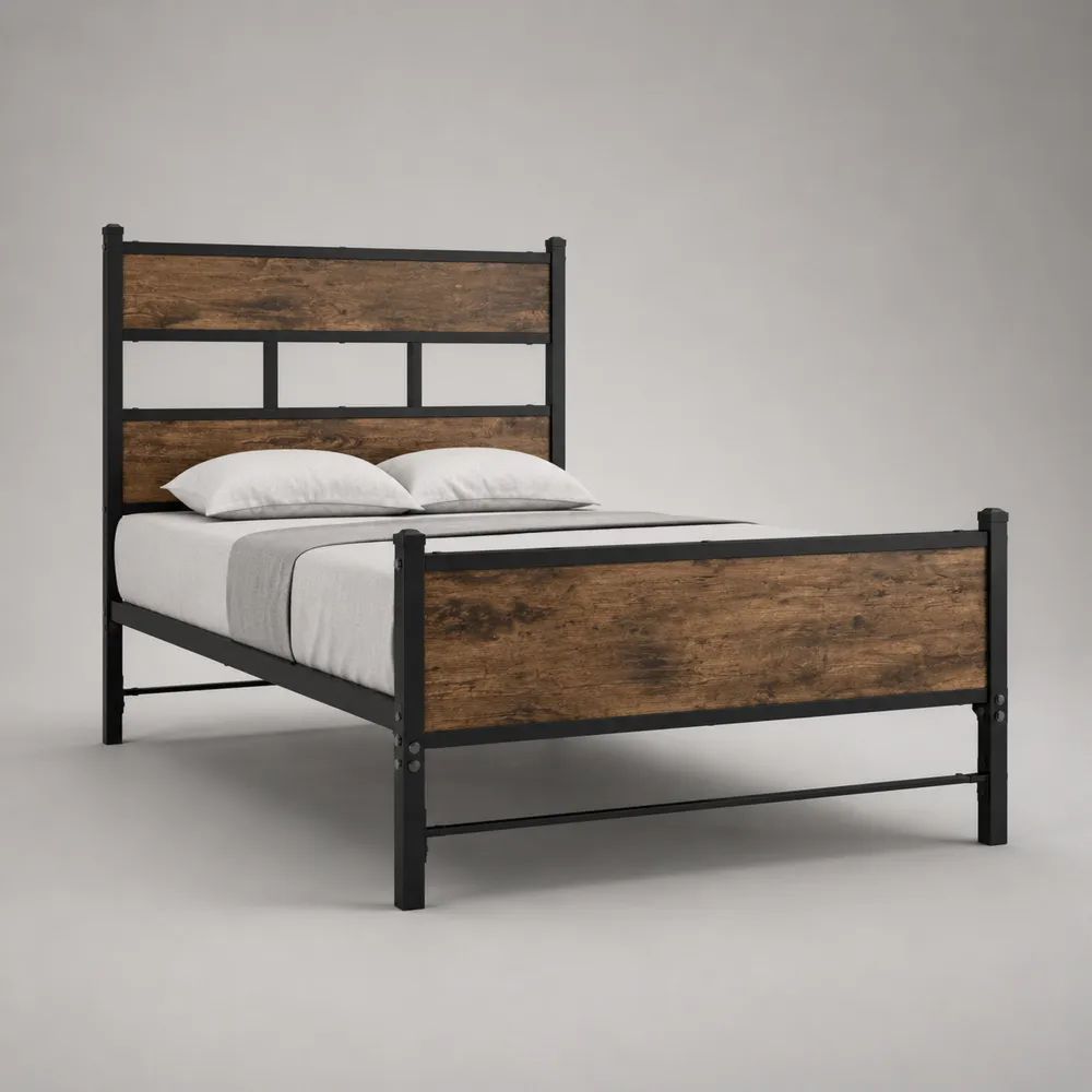 Lit double 140 x 190 cm avec cadre rectangulaire en acier noir et panneaux MDF bruns