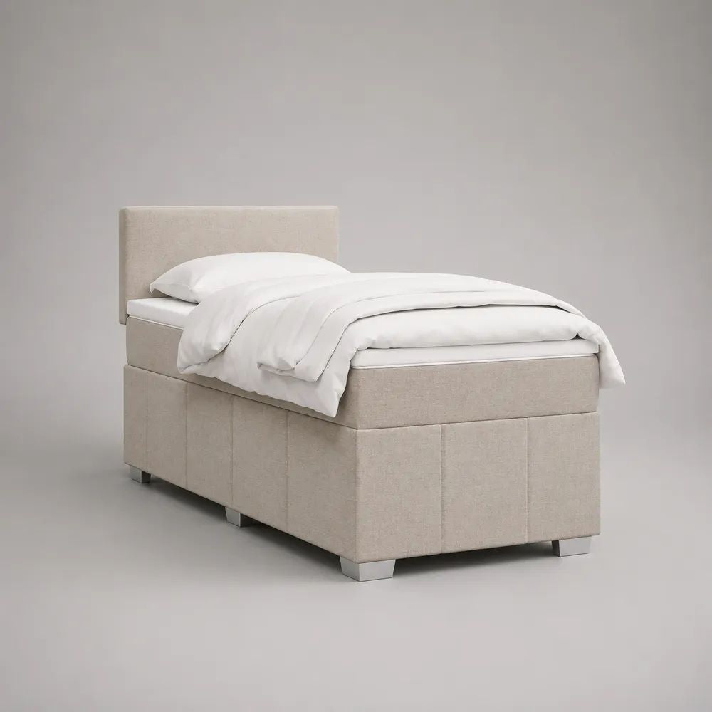 Ensemble lit simple rembourré en tissu beige avec matelas et tête de lit, couchage 90 x 190 cm