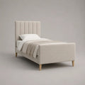 Lit simple rembourré en polyester beige 90 x 190 cm, dimensions 205 x 100 x 120 cm, tête de lit à panneaux verticaux et pieds en bois
