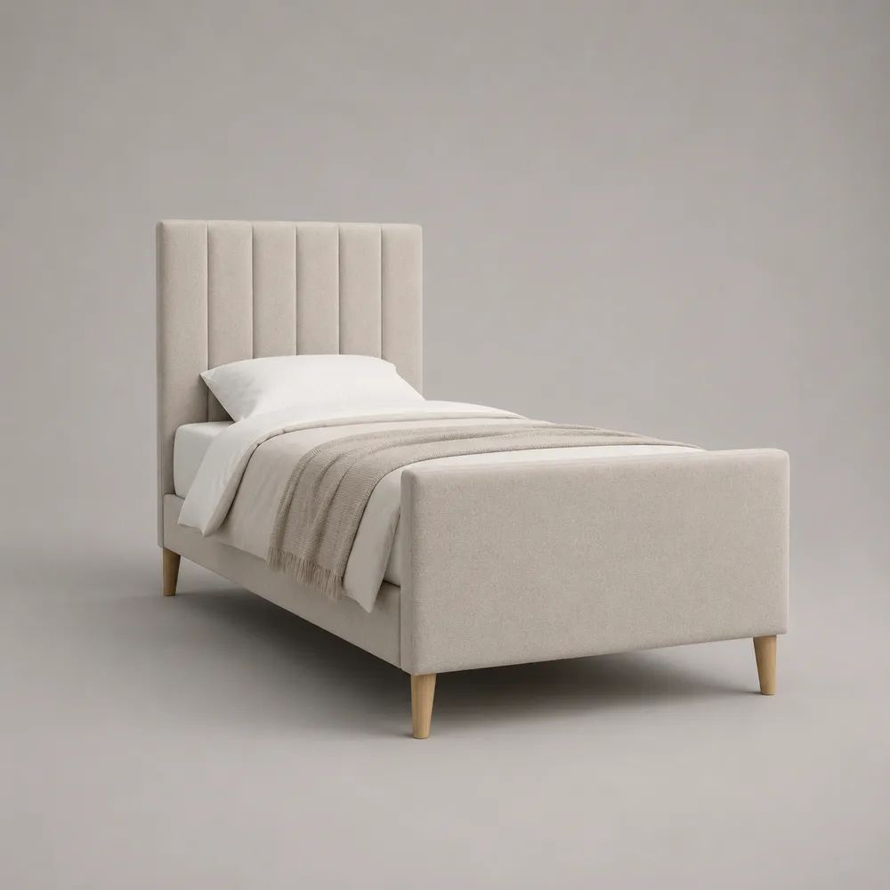 Lit simple rembourré en polyester beige 90 x 190 cm, dimensions 205 x 100 x 120 cm, tête de lit à panneaux verticaux et pieds en bois
