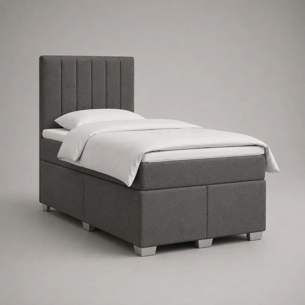 Ensemble lit simple rembourré gris avec matelas et tête de lit, couchage 90 × 200 cm, dimensions 210 × 95 × 120 cm