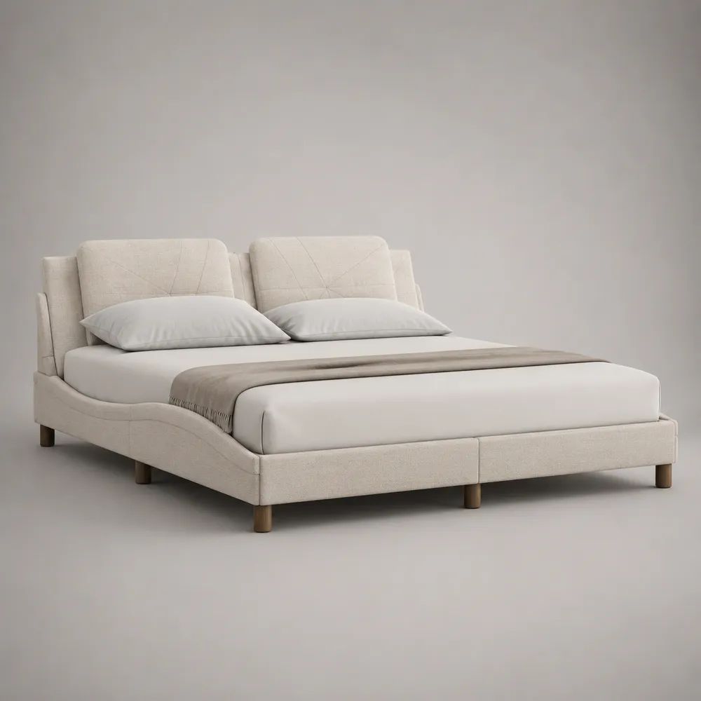 Lit double rembourré en polyester beige clair avec tête de lit, couchage 160 x 200 cm, dimensions 220 x 180 x 105 cm