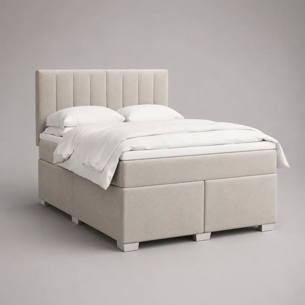 Ensemble lit tapissier double rembourré en polyester beige avec tête de lit, matelas et surmatelas, couchage 160 x 200 cm, dimensions 168 x 210 x 120 cm