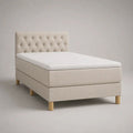Lit à sommier tapissier une place en tissu beige avec tête de lit, matelas et surmatelas, couchage 90 × 200 cm