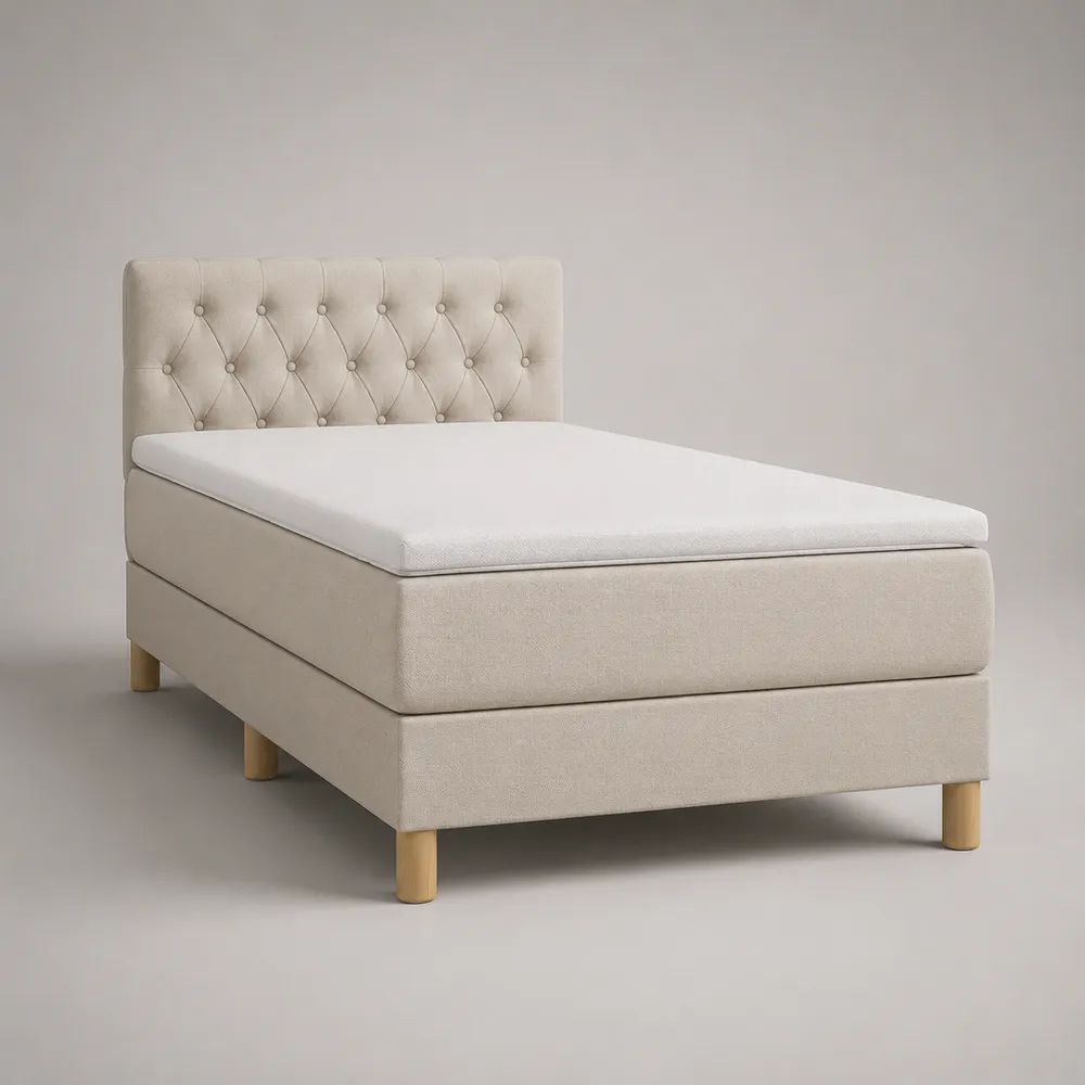 Lit à sommier tapissier une place en tissu beige avec tête de lit, matelas et surmatelas, couchage 90 × 200 cm