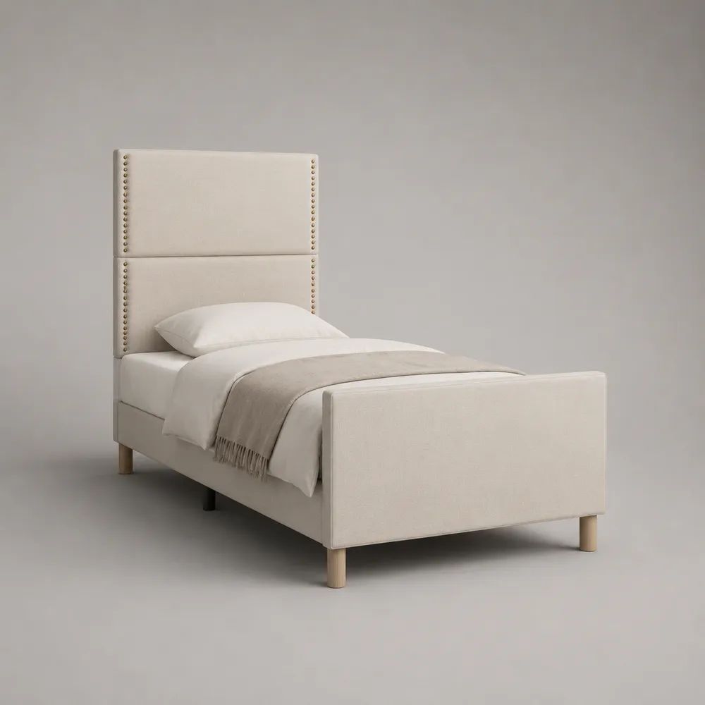 Lit simple rembourré en tissu et bois avec tête de lit haute, couchage 90 × 190 cm, blanc cassé
