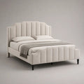 Lit double rembourré en bois et tissu écru, couchage 160 × 200 cm, dimensions 177 × 218 × 126 cm, tête et pied de lit à panneaux verticaux