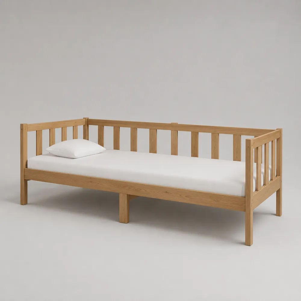 Cadre de lit banquette 1 place en bois marron clair, couchage 90 × 200 cm, dimensions 208 × 98 × 82 cm