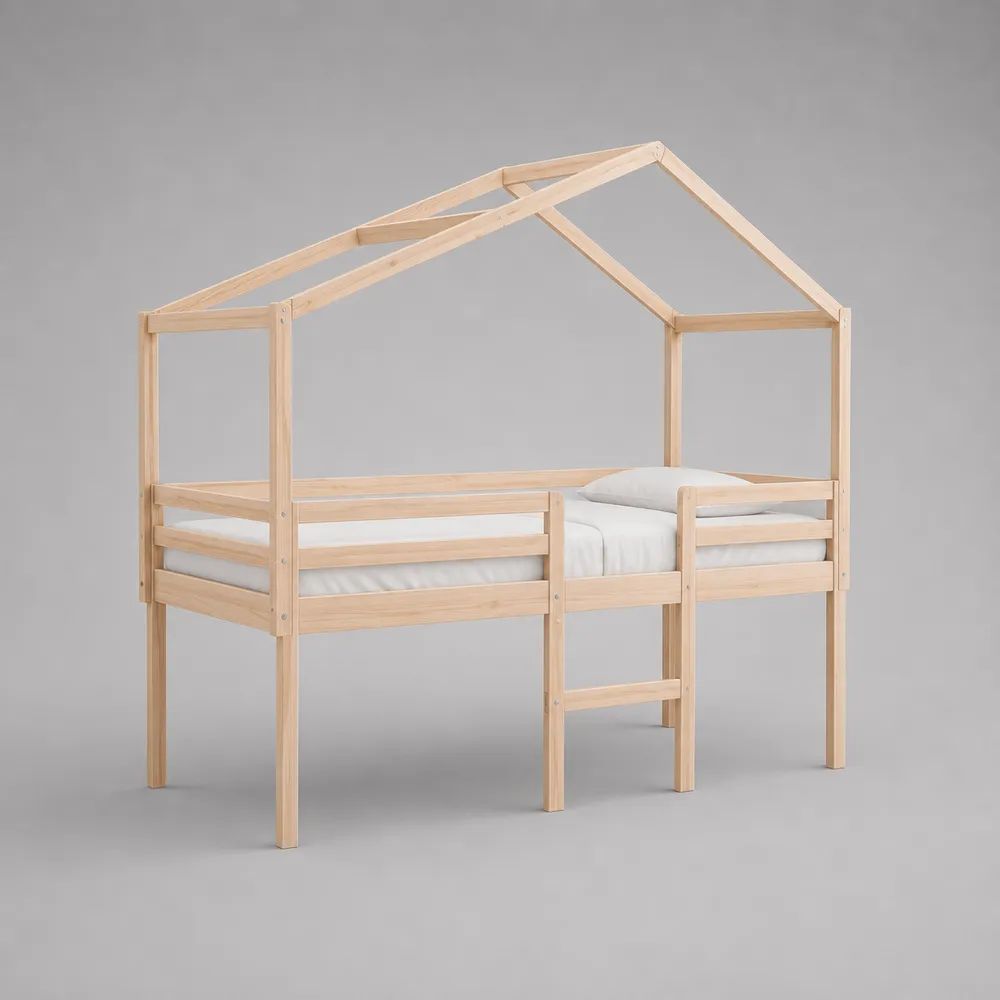 Lit cabane enfant surélevé en bois naturel avec échelle et barrières, couchage 90 × 200 cm, dimensions 208 × 98 × 205 cm