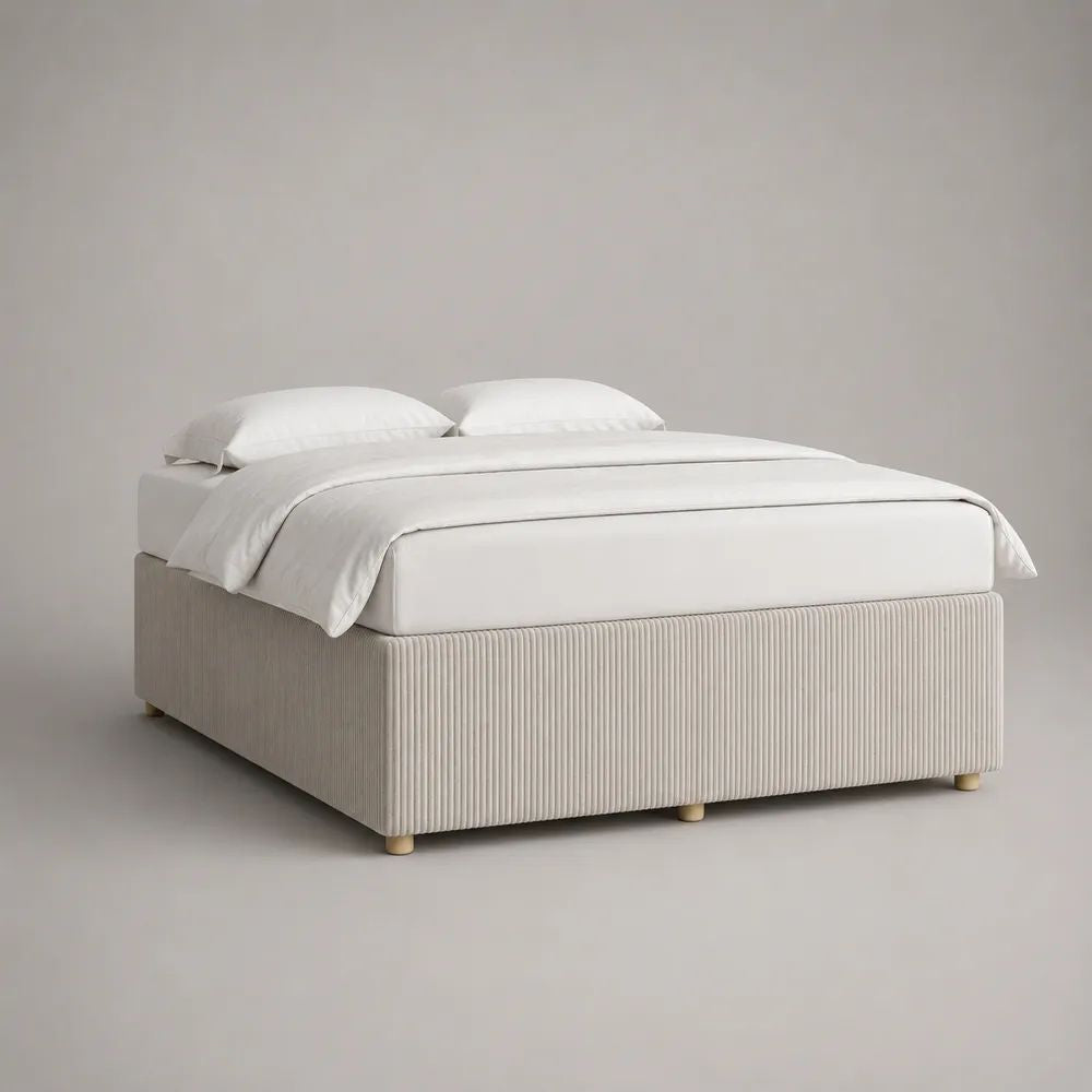 Lit double 160 x 200 cm sans tête de lit, cadre rembourré en velours côtelé polyester beige clair, 208 x 168 x 42 cm
