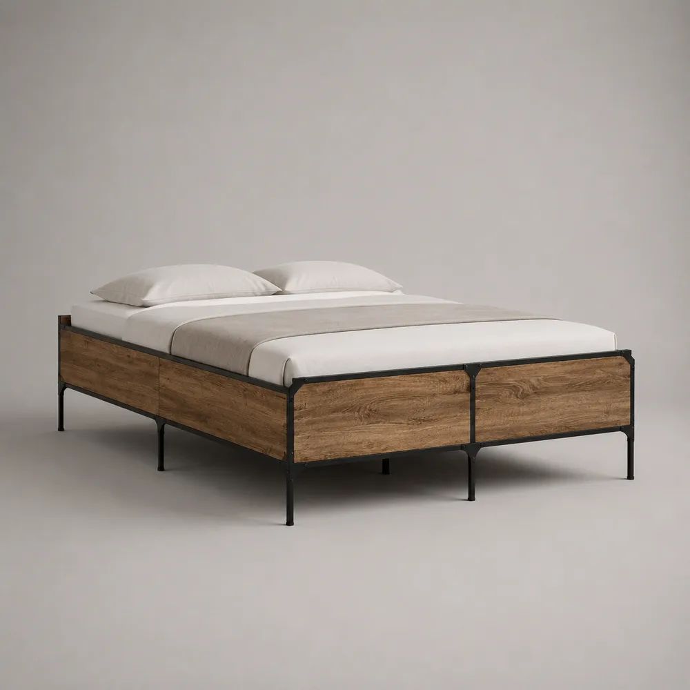 Lit double 160 x 200 cm avec sommier, cadre en acier noir et panneaux en bois effet chêne, 208 x 168 x 42 cm