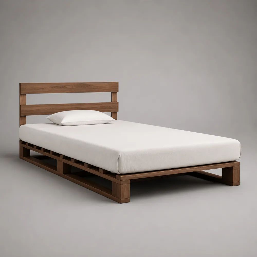 Lit simple 90 x 190 cm en bois massif brun noyer avec sommier à lattes, dimensions 99 x 200 x 95 cm