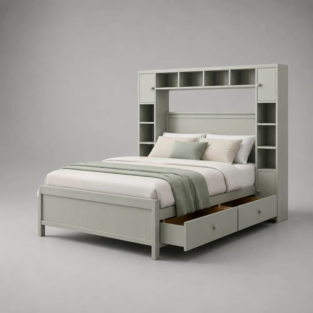 Lit avec rangement 140 x 190 cm en MDF et pin massif vert sauge, tête de lit bibliothèque et 2 tiroirs, 215 x 218 x 220 cm