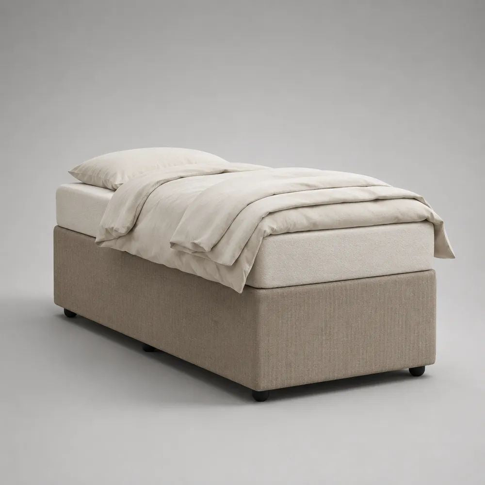 Lit simple rembourré avec matelas et sommier tapissier en polyester beige 90 x 190 cm