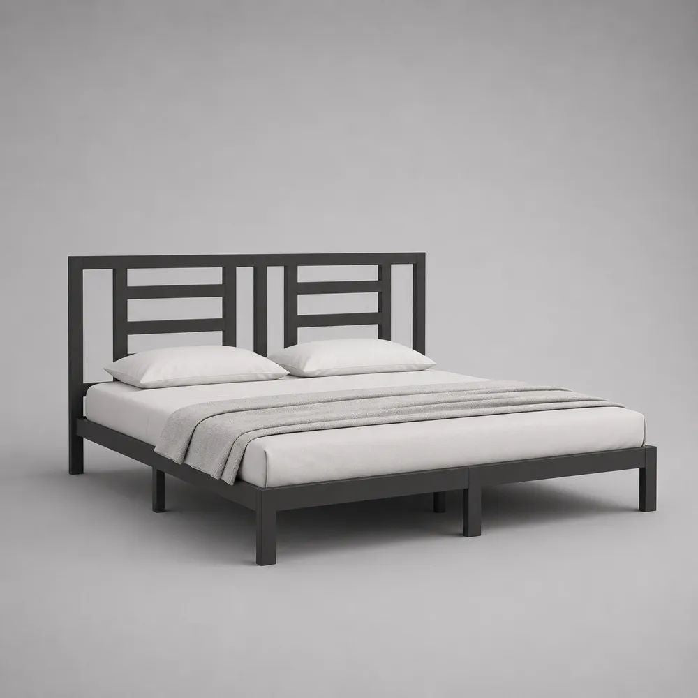 Cadre de lit double 180 x 200 cm en acier noir avec tête de lit à lattes, 188 x 208 x 110 cm